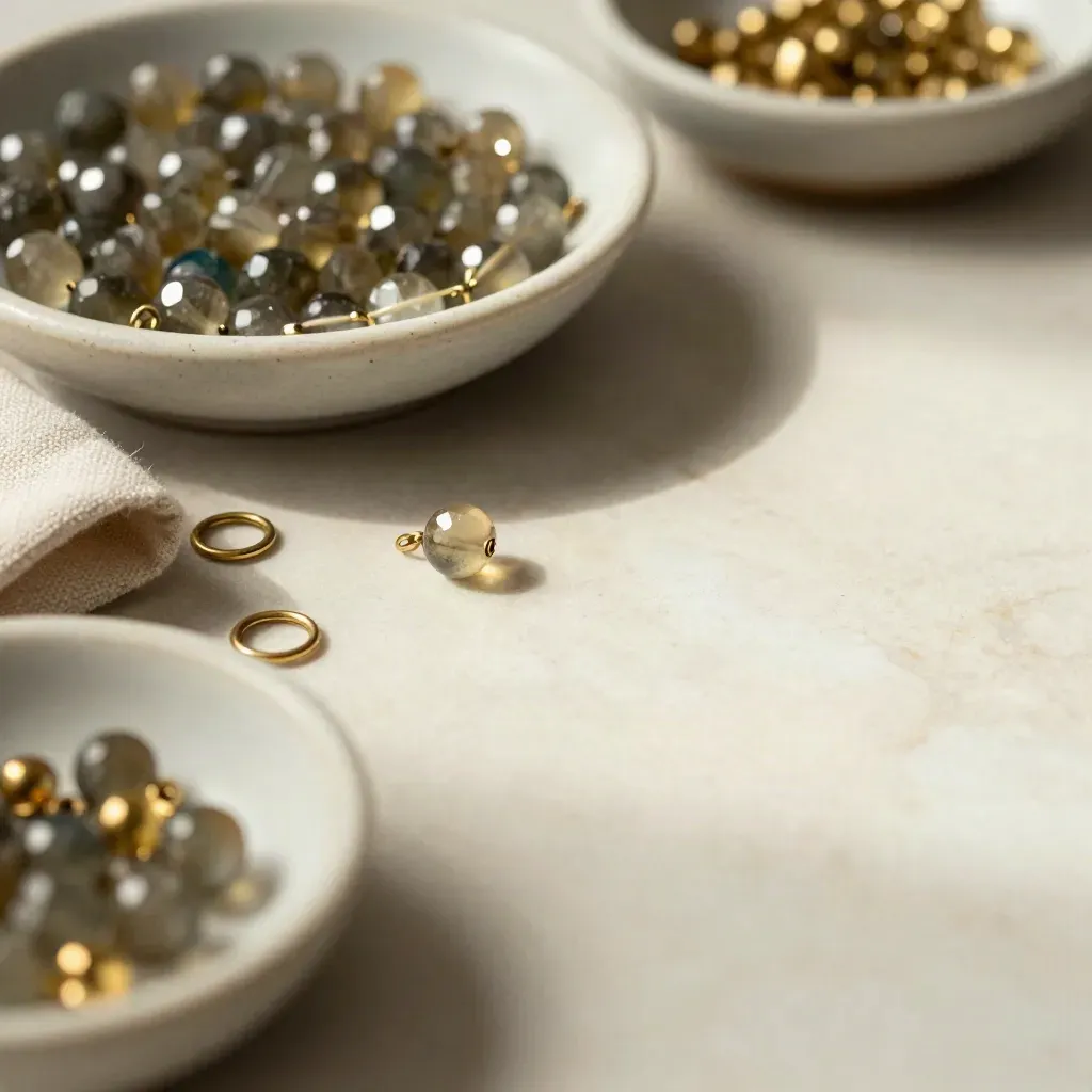 Glass beads and brass findings in shallow dishes on pale marble with calm copy space.