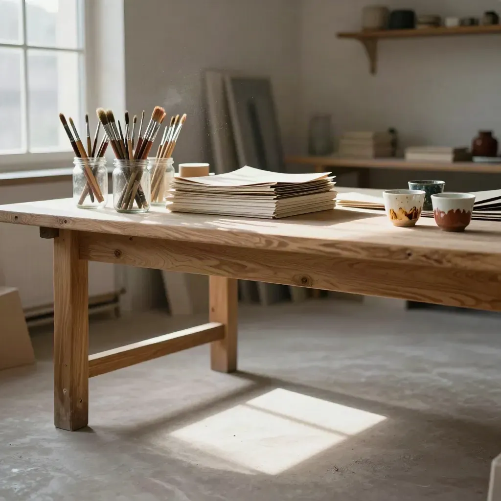 Sunlit craft bench with brushes, paper stacks and ceramic cups in a studio