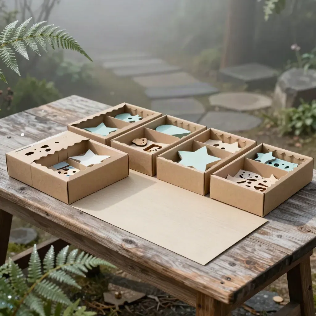 School craft kits and foam shapes on a weathered garden table in misty sunlight.