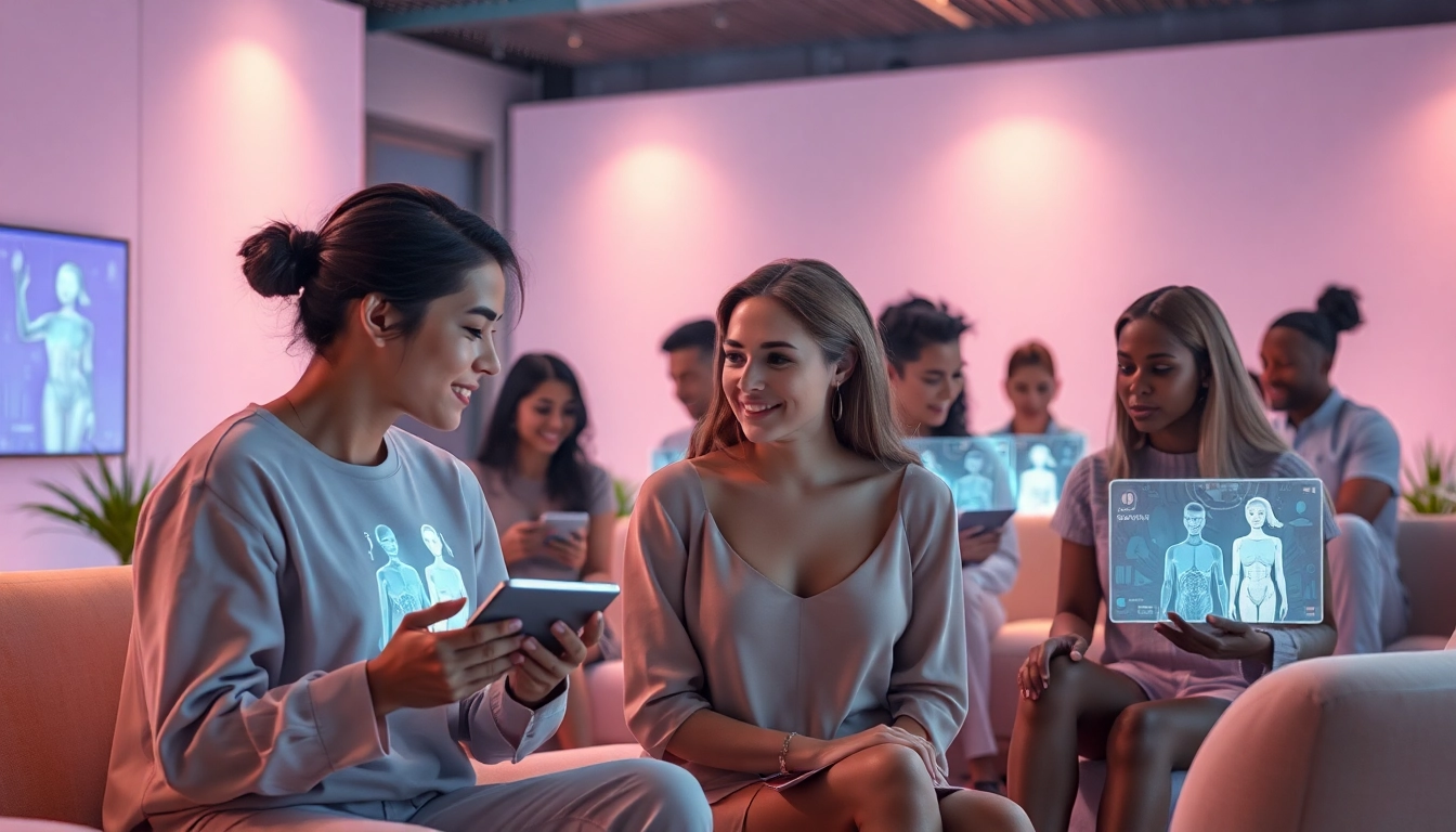 Engaging illustration of users exploring sex AI technology surrounded by ambient lighting and digital interfaces.