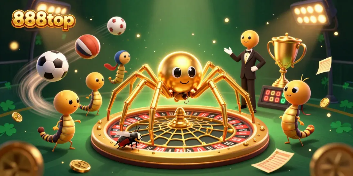 Experience thrilling bets at 888top with a vibrant casino scene featuring a golden spider and dynamic sports elements.