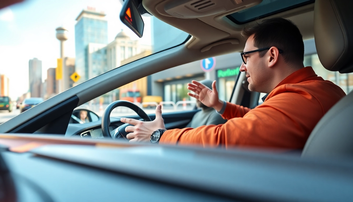 Engaging automatic driving lessons Manchester with a driving instructor and a learner on a city road.