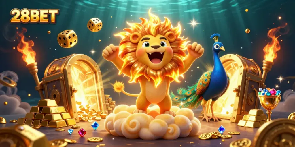 Experience thrilling victories with 28BET in this vibrant casino illustration featuring a roaring lion.