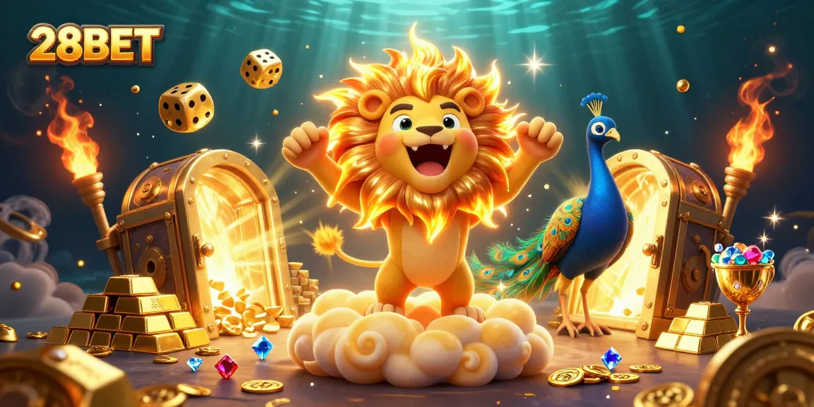 Experience thrilling victories with 28BET in this vibrant casino illustration featuring a roaring lion.