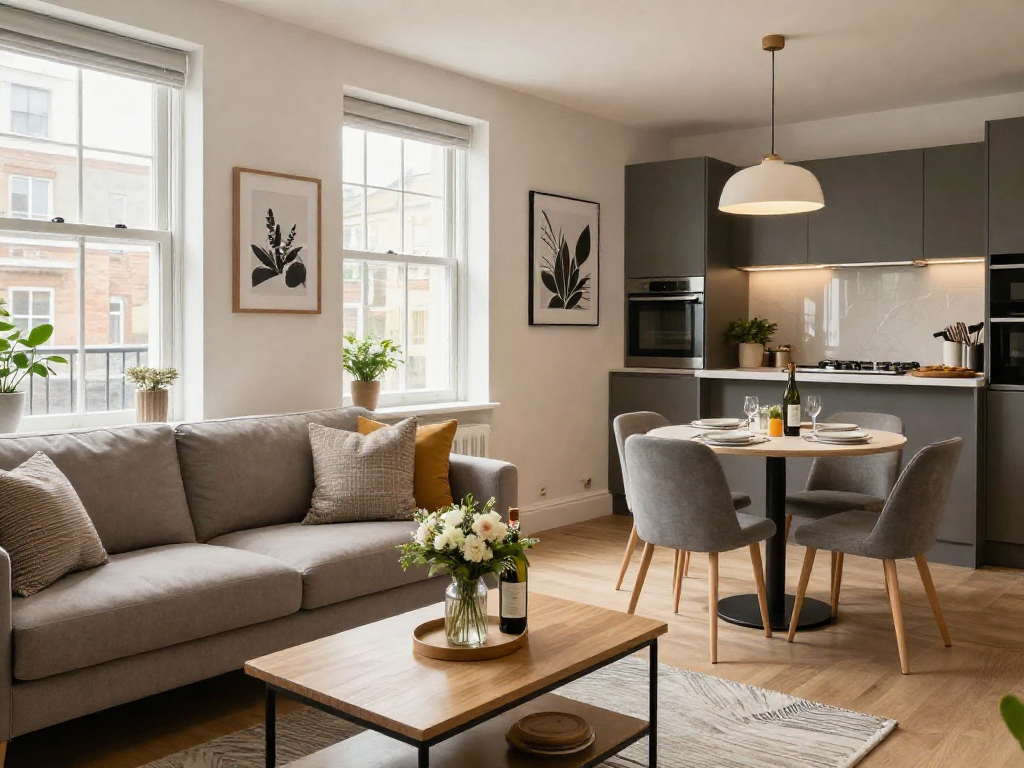 Airbnb management Bristol scene showcasing a stylish urban apartment, inviting atmosphere with modern decor.