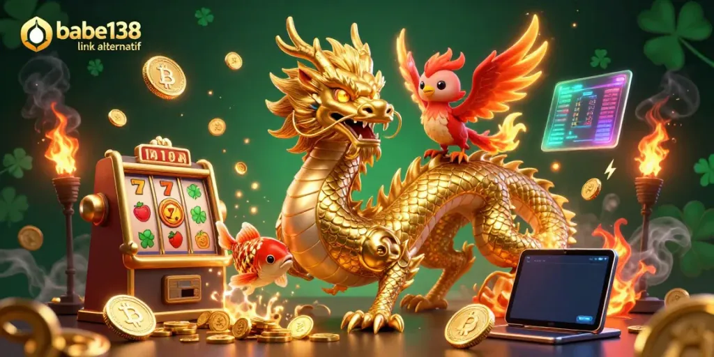 Visualisasikan kebangkitan peluang dengan babe138 link alternatif, memperlihatkan naga dan simbol slot bersinar.