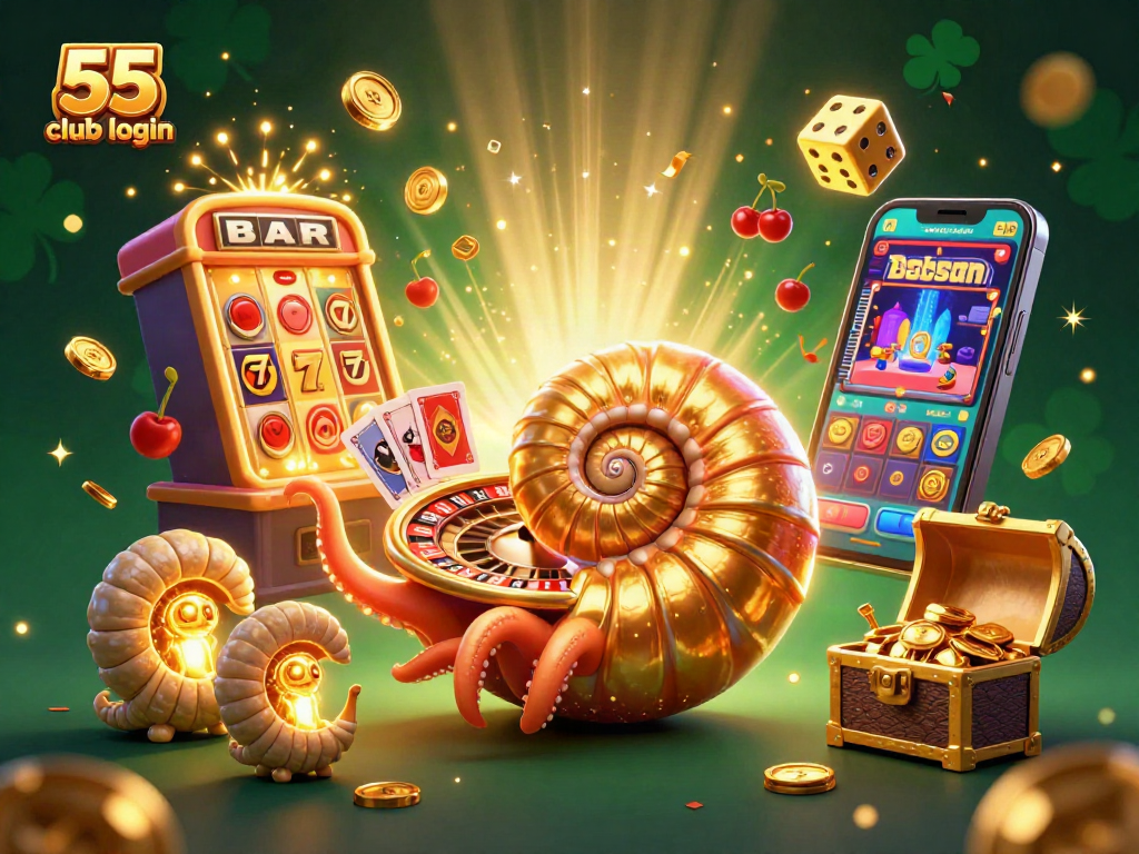 Experience the thrill of 55 club login with a dazzling 3D gaming scene showcasing vibrant casino elements.
