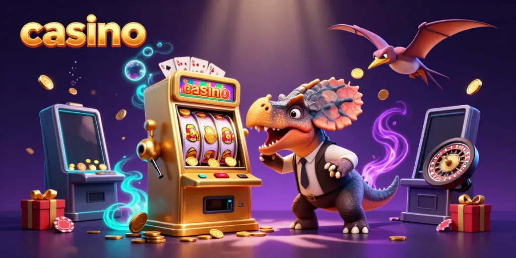 Casino scene with a pachycephalosaurus winning jackpot coins from a slot machine amidst a chaotic casino.