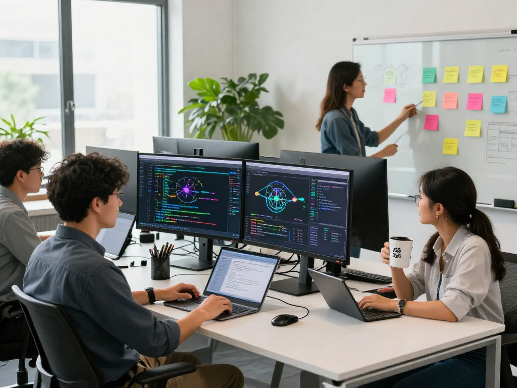 Team of developers collaborating on innovative 18+ ai projects in a modern workspace with vibrant atmosphere.