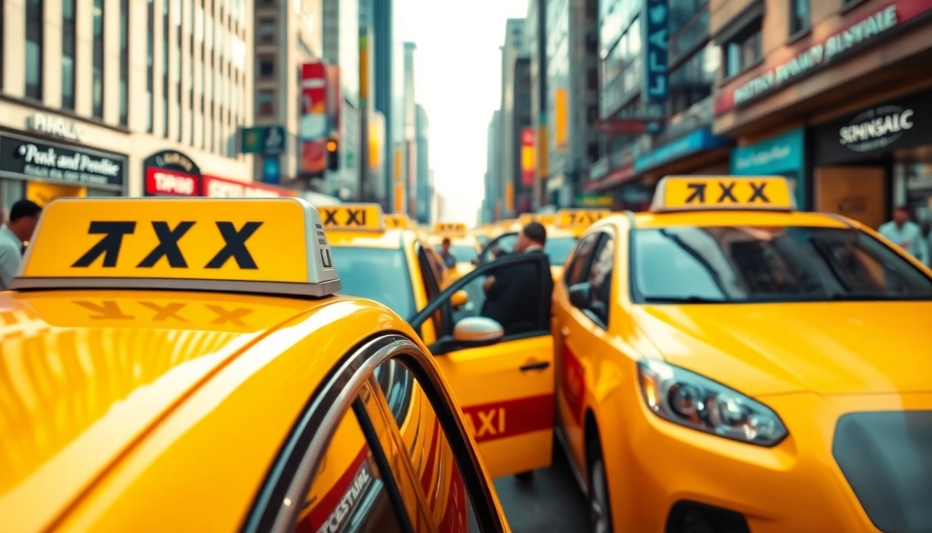 Taxis navigating a vibrant city street, showcasing urban life and transportation efficiency.