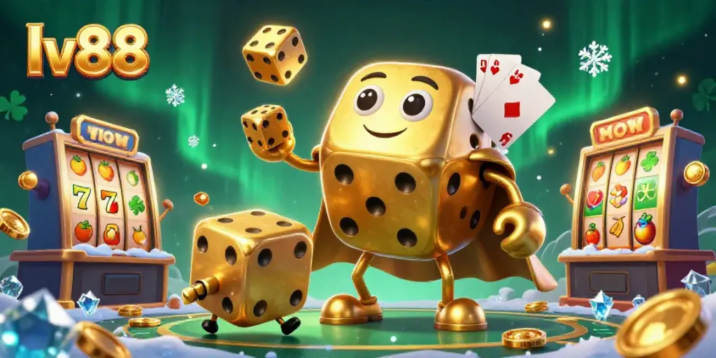 Experience excitement with lv88's vibrant gambling scene featuring golden dice and slot symbols.