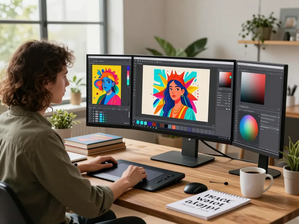 Creative professional using the nano banana ai software for digital art editing in a modern workspace.