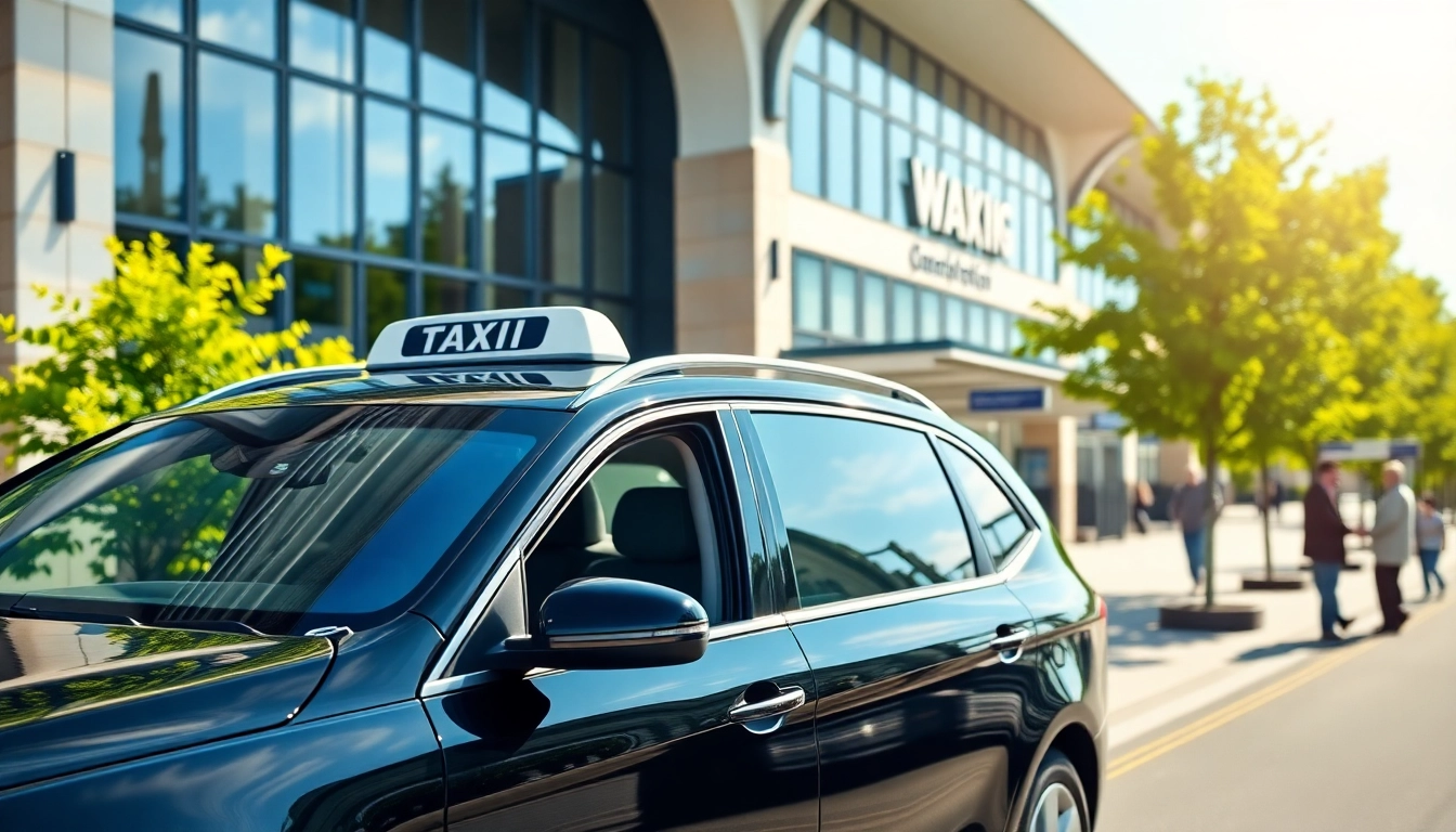 Woking taxi service vehicle welcoming passengers outside the train station.
