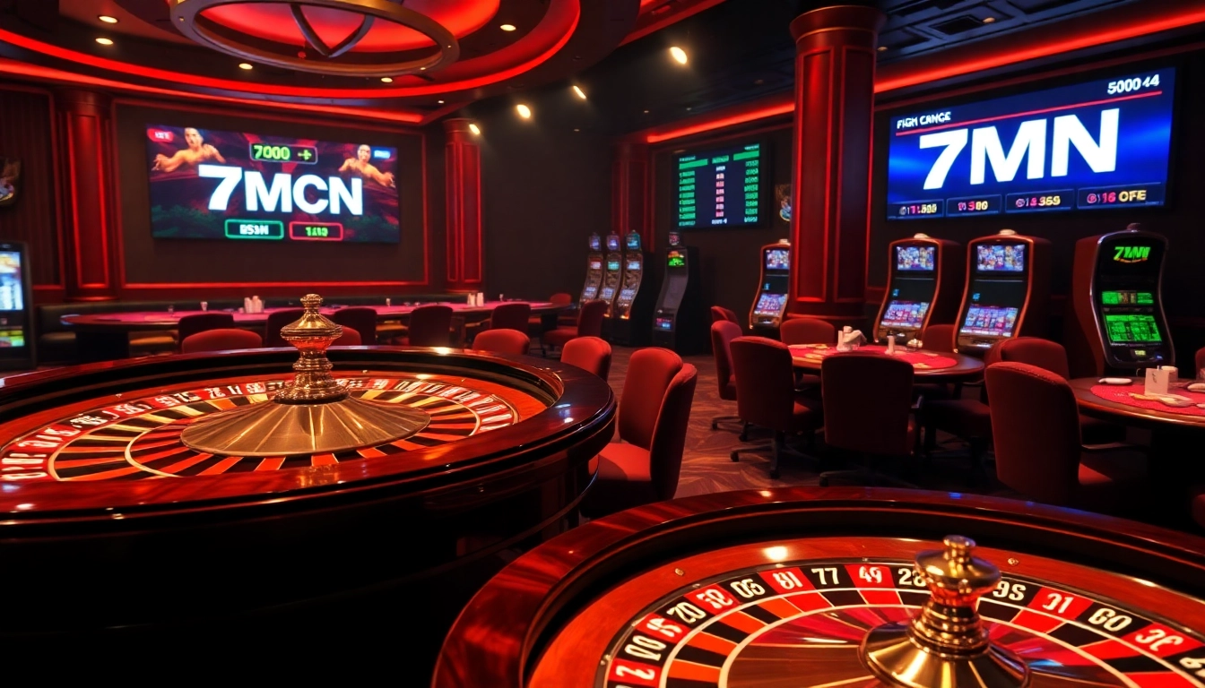 Action-packed scene at a casino showcasing 7mcn live betting odds with gambling excitement.