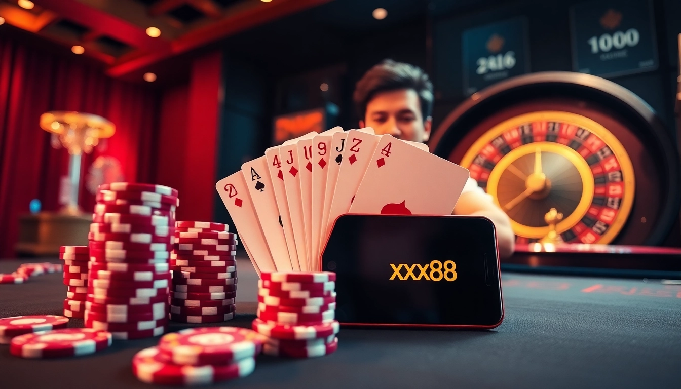 Experience thrilling gameplay at xx88 with a vibrant casino scene featuring poker chips and winning cards.