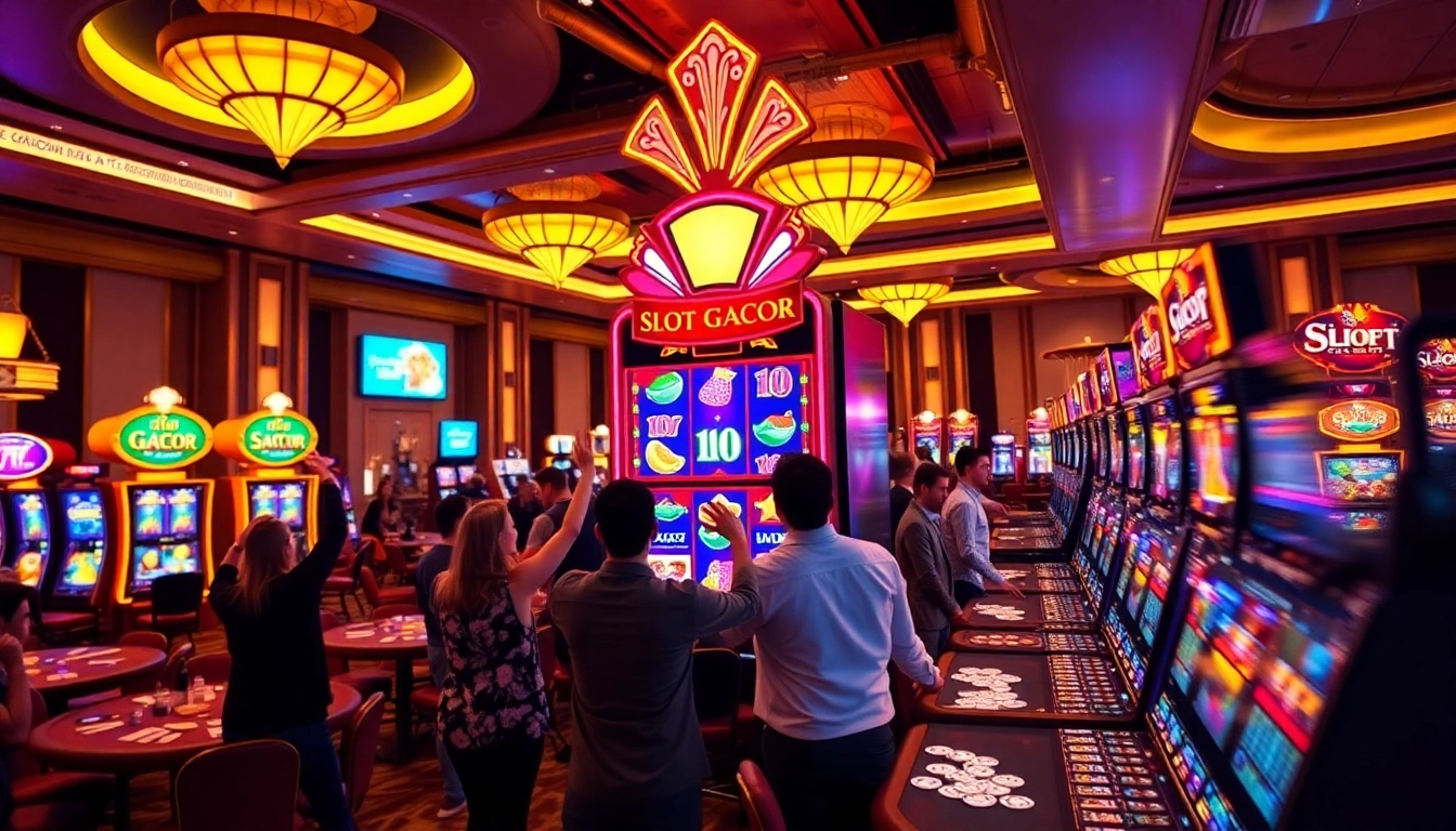 Experience thrilling wins at Slot Gacor amidst a luxurious casino setting with exciting slot machines.