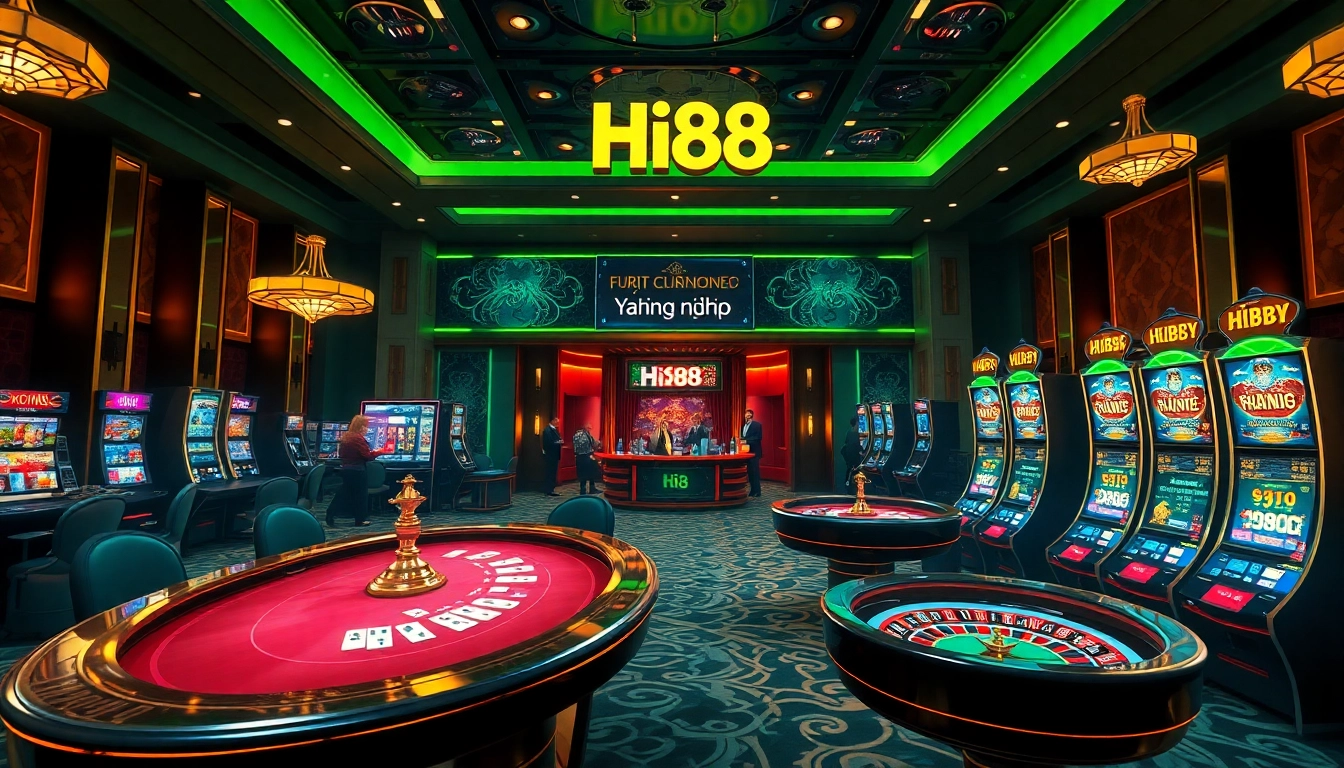 Exciting gambling scene with Hi88 đăng nhập on the digital casino interface, showcasing poker tables and slot machines.