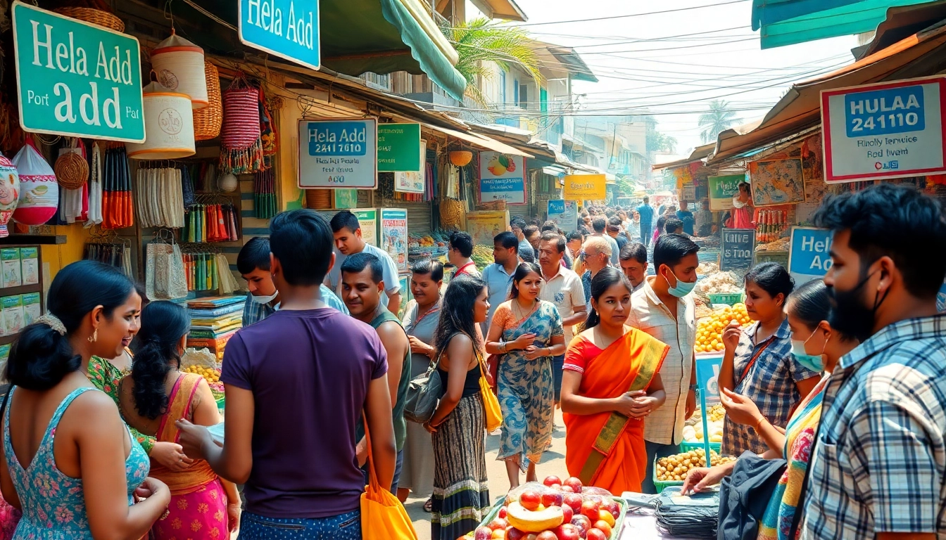 Engaging market scene highlighting Hela Add services in Sri Lanka, showcasing community connections and vibrant offerings.
