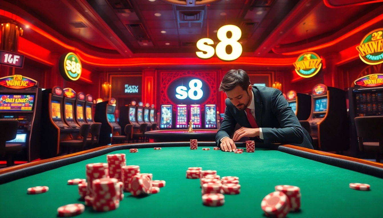 Engaging gamblers at a luxury casino scene featuring s8 poker chips and roulette.