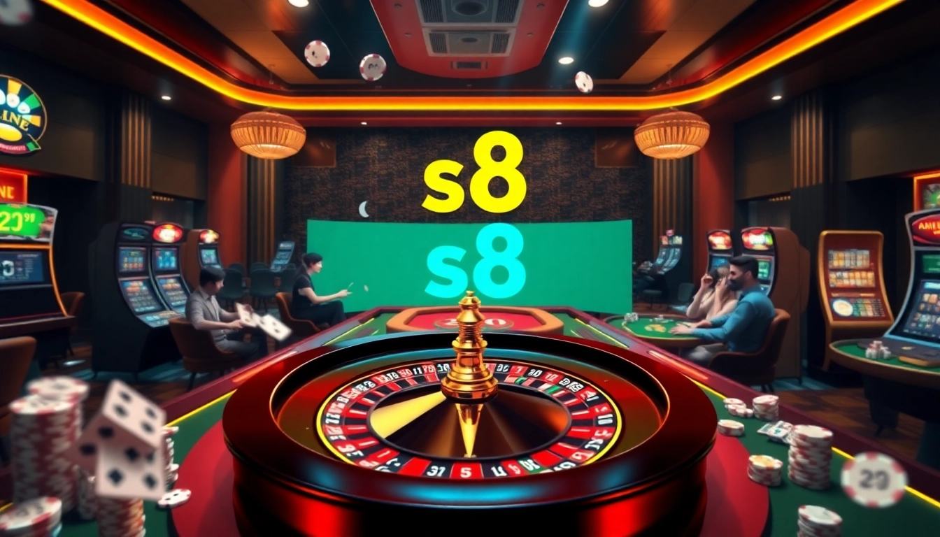 Players engage with exciting games at the S8 casino, showcasing vibrant slot machines and action-filled tables.