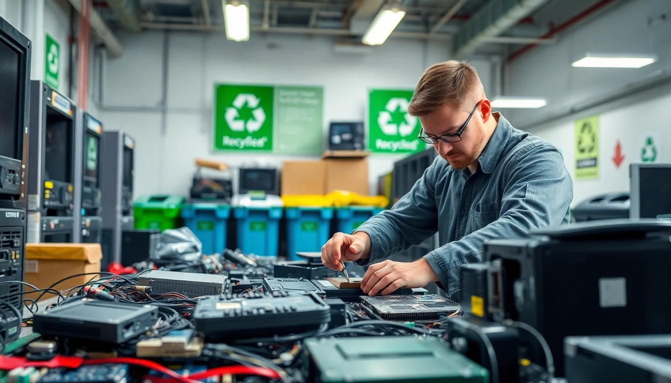 Showcasing local computer recycling with a technician disassembling electronics for responsible disposal.