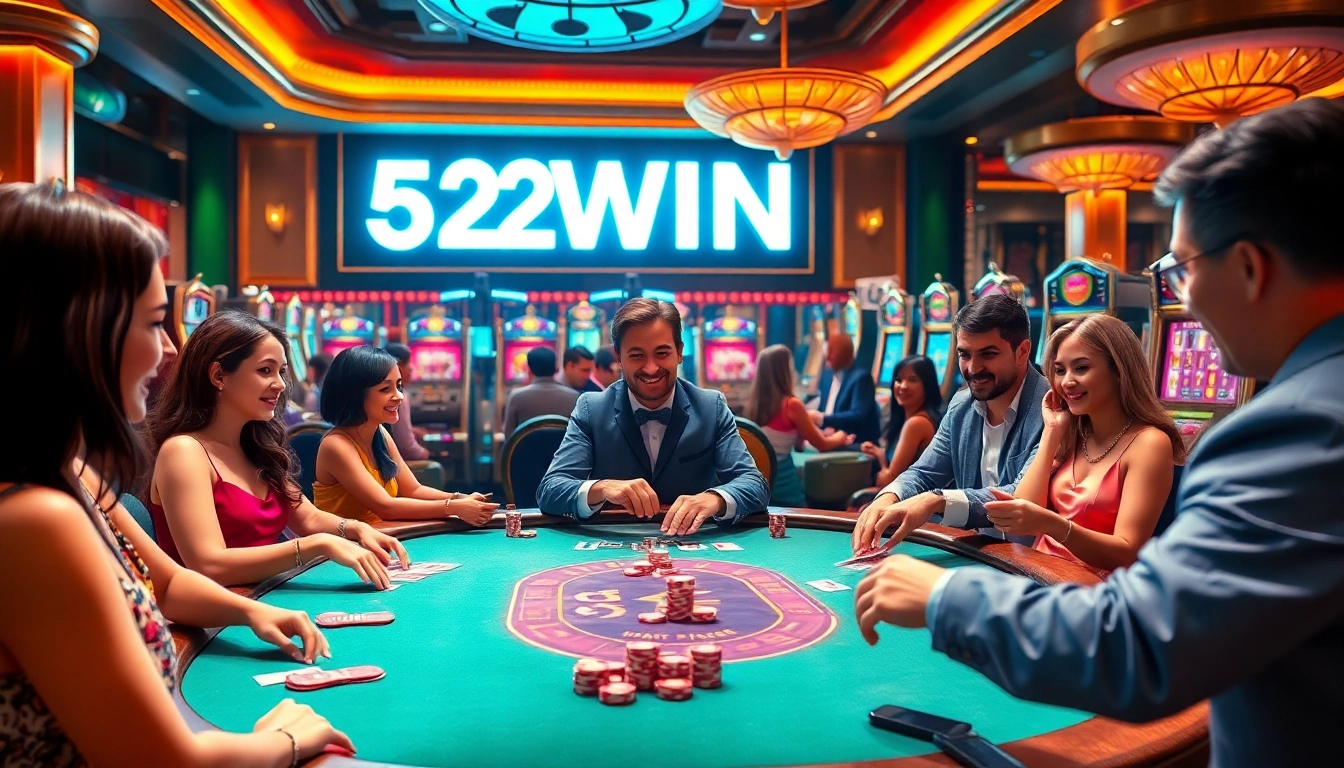 Gamblers enjoying the excitement of 52WIN at a lively blackjack table in a luxurious casino setting.