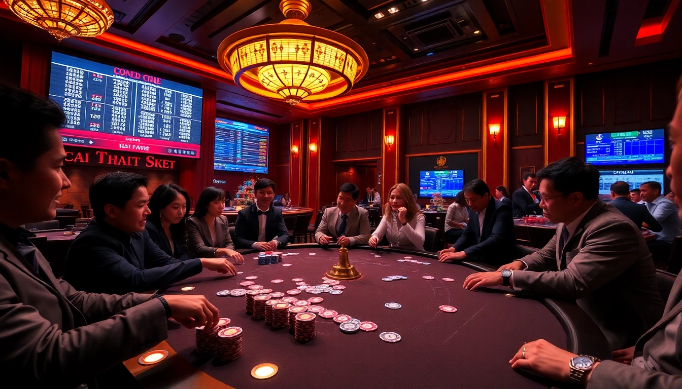 Exciting casino atmosphere showcasing Nhà cái Thabet with poker chips, cards, and a roulette wheel.
