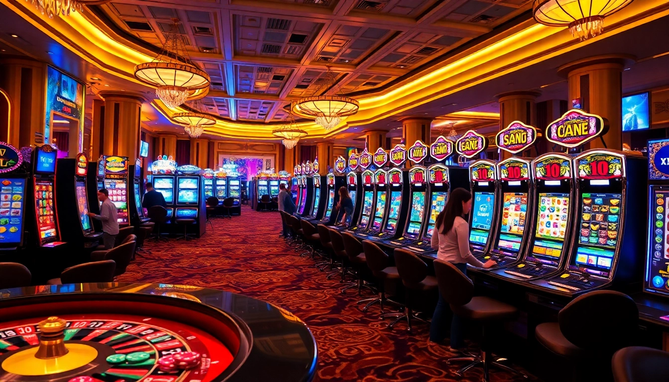 Players engaging with slot machines while looking for doaslot login options, showcasing excitement in a luxurious casino setting.