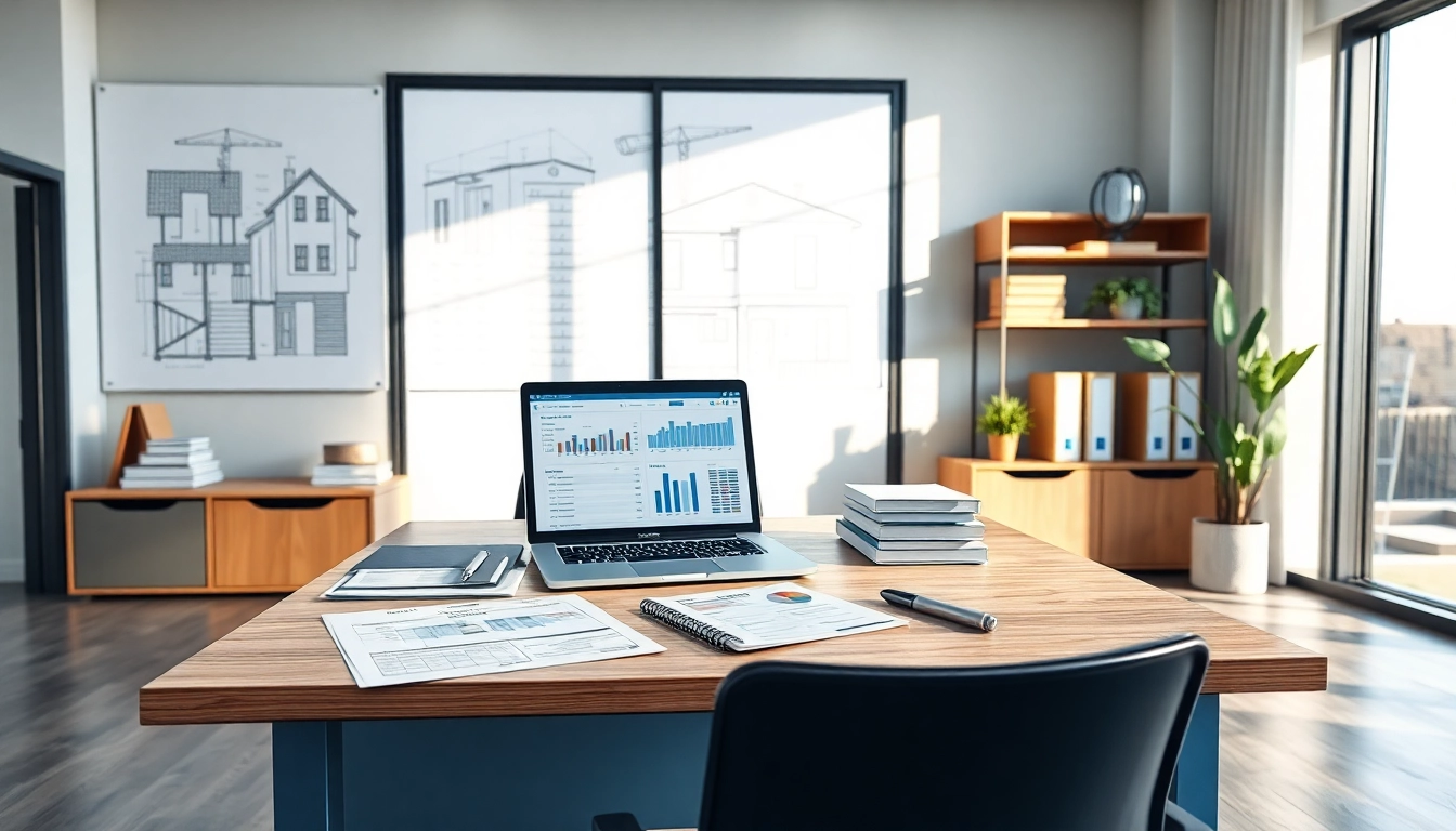 Księgowość dla firmy budowlanej w nowoczesnym biurze księgowym podkreślająca zarządzanie finansami.