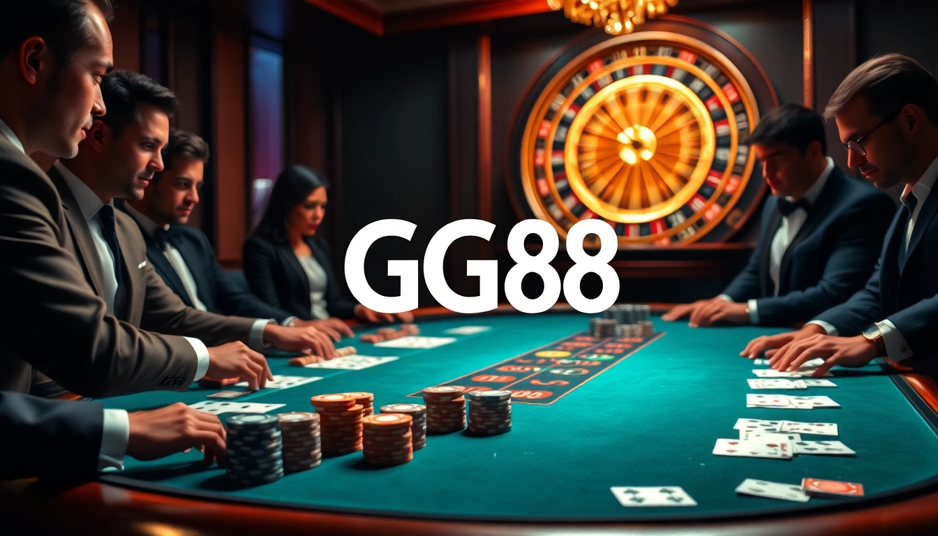 Experience the thrill of poker and gaming at GG88 with a vibrant casino scene showcasing exciting action and luxury.