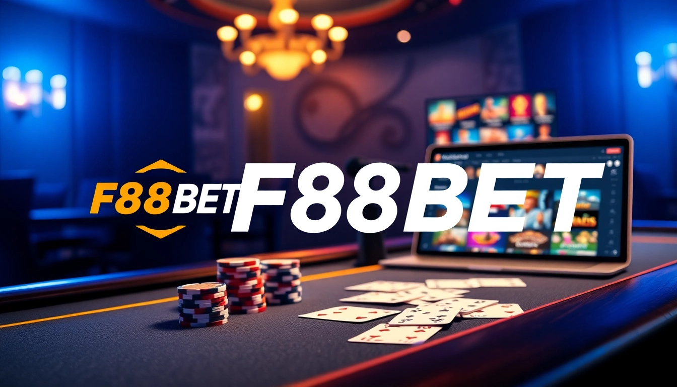 Experience thrilling online gaming action with F88BET on a stylish casino table featuring chips and cards.