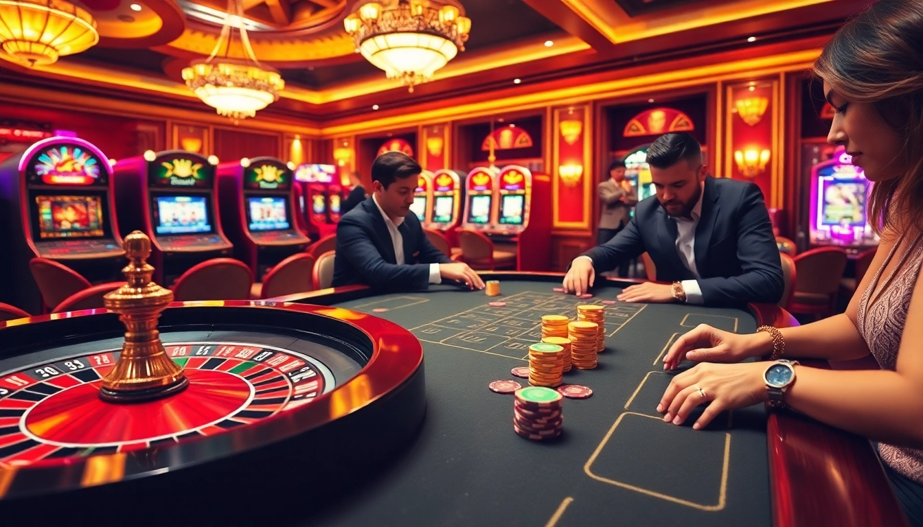 Players enjoying a vibrant casino atmosphere at MM88 with roulette wheels and poker tables.