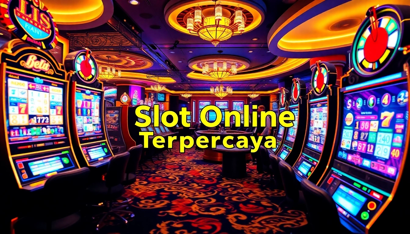 Players enjoying vibrant slot machines at a Slot Online Terpercaya casino, feeling excitement and luxury.