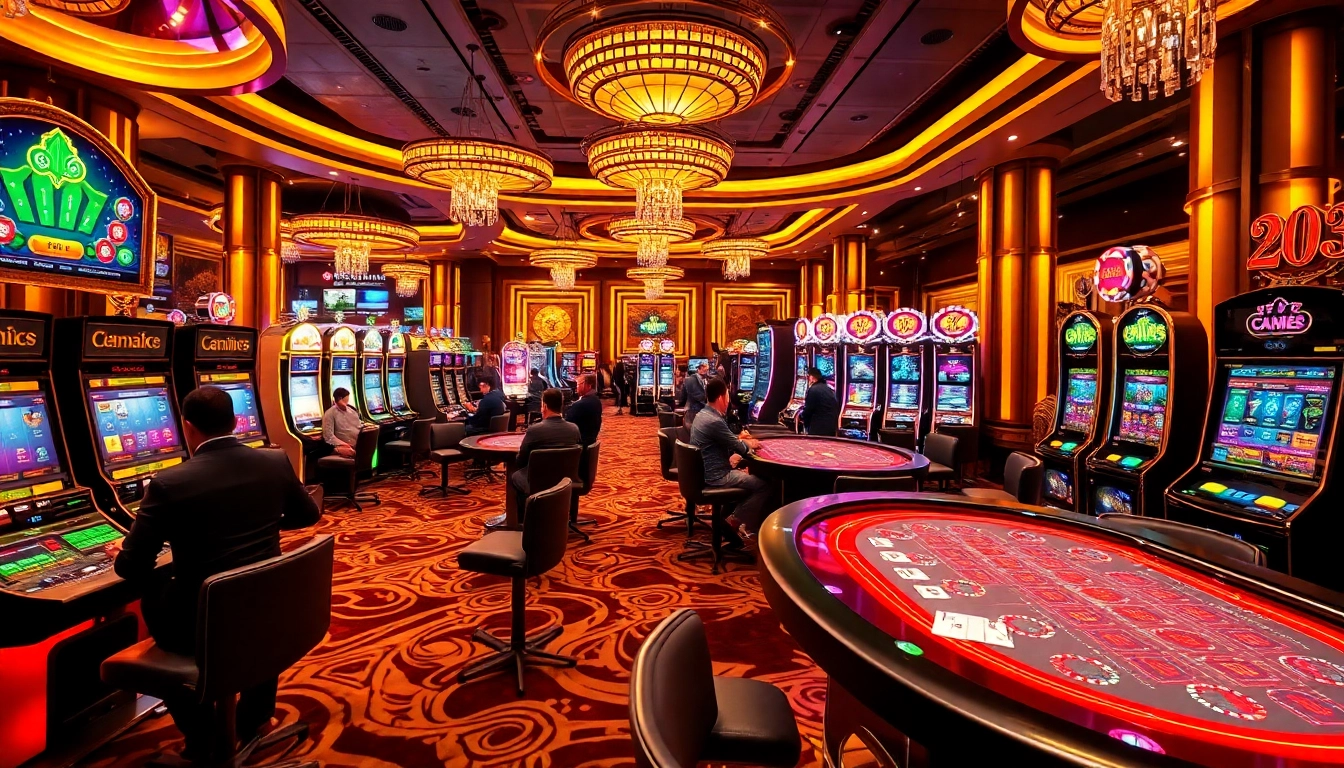 Gamblers enjoying a thrilling experience at https://mm88.forex/ with vibrant casino elements and exciting gameplay.