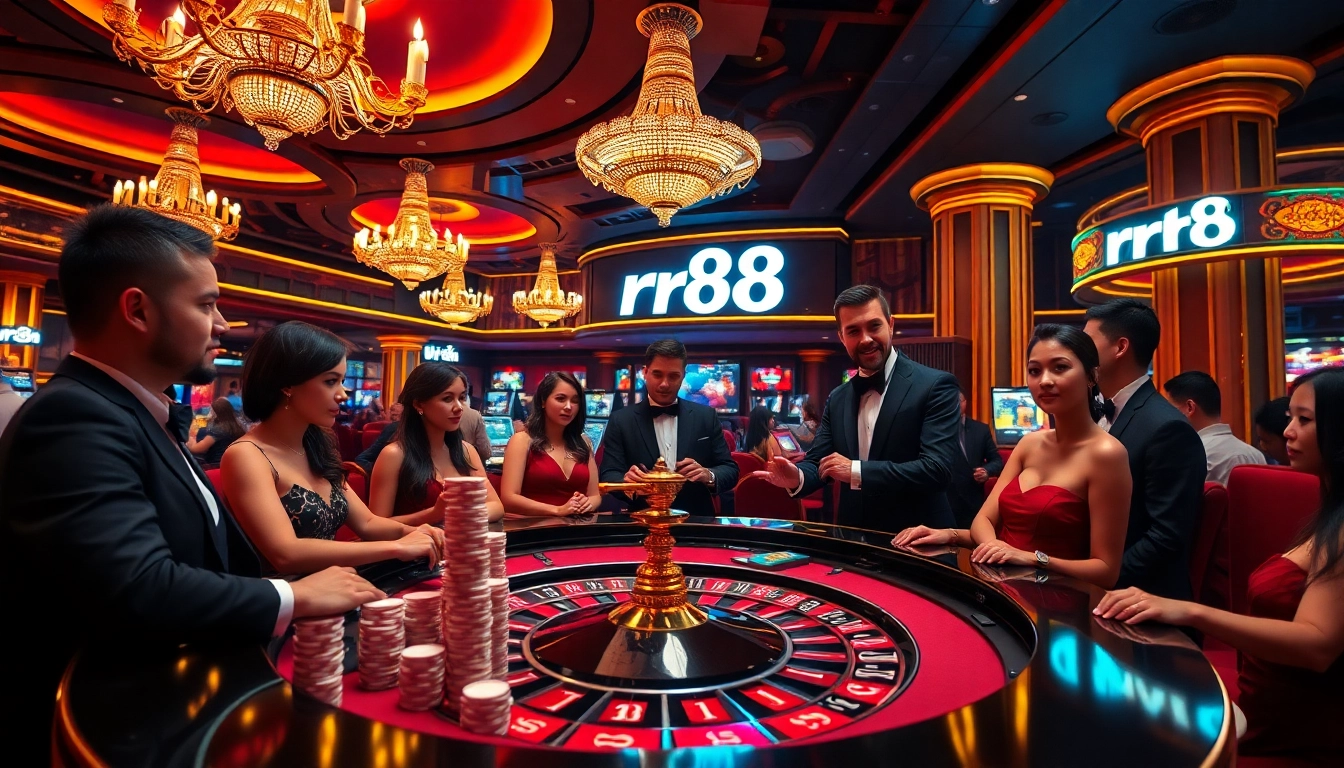 Exciting casino atmosphere at rr88 with roulette table and players in luxurious setting.