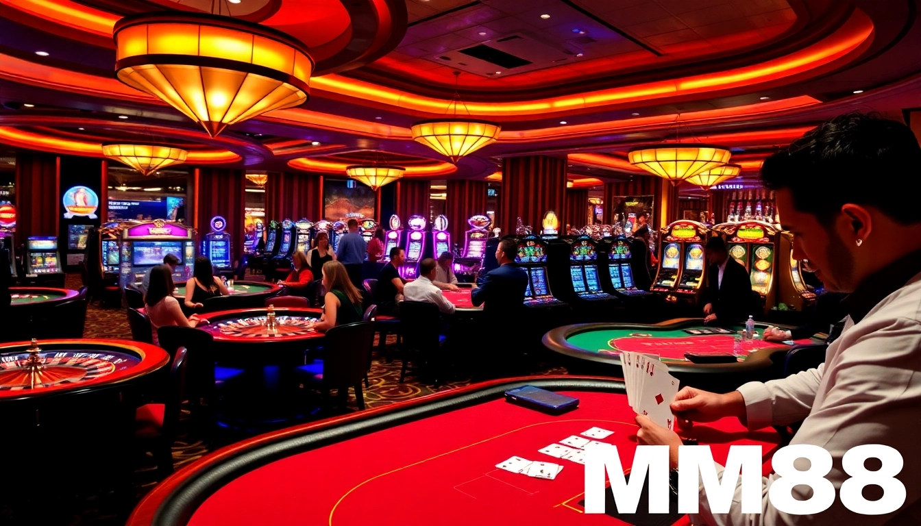 High-stakes poker action at MM88 casino with vibrant atmosphere and engaged players.