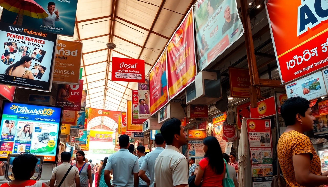 Lanka Add marketplace scene showcasing vibrant ads for local services in Sri Lanka.