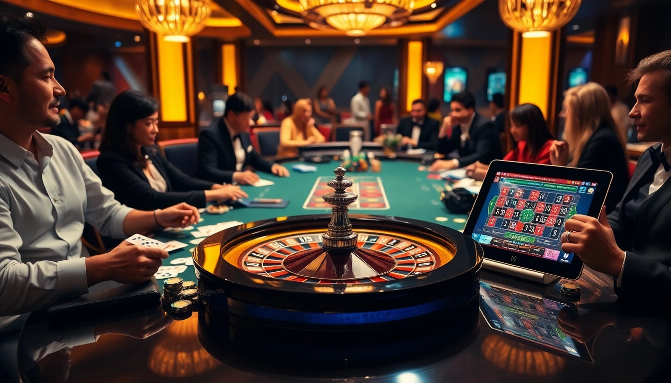 A lively casino scene showcasing excitement at nhà cái 789P, with players engaged at a gaming table surrounded by poker chips and cards.