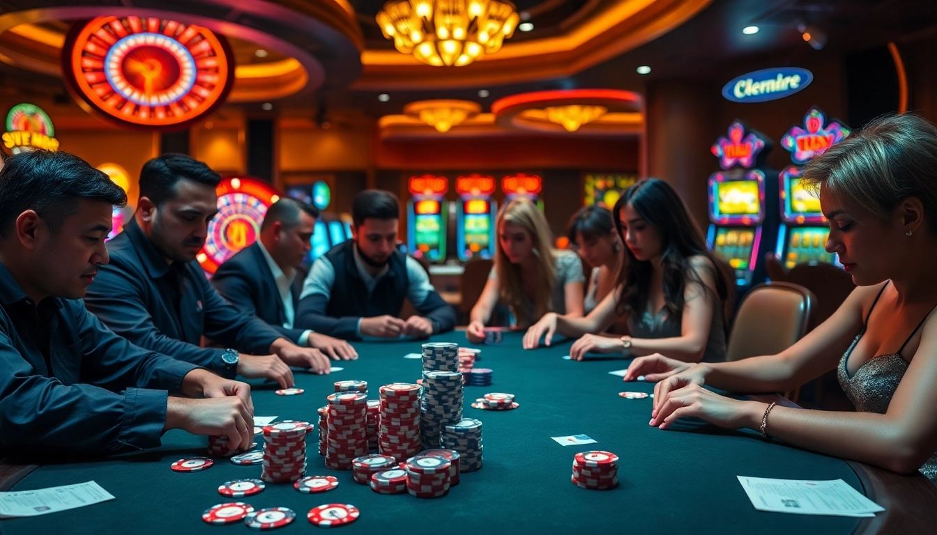 Experience a thrilling vn23 casino poker showdown with vibrant chips and roulette ambiance.