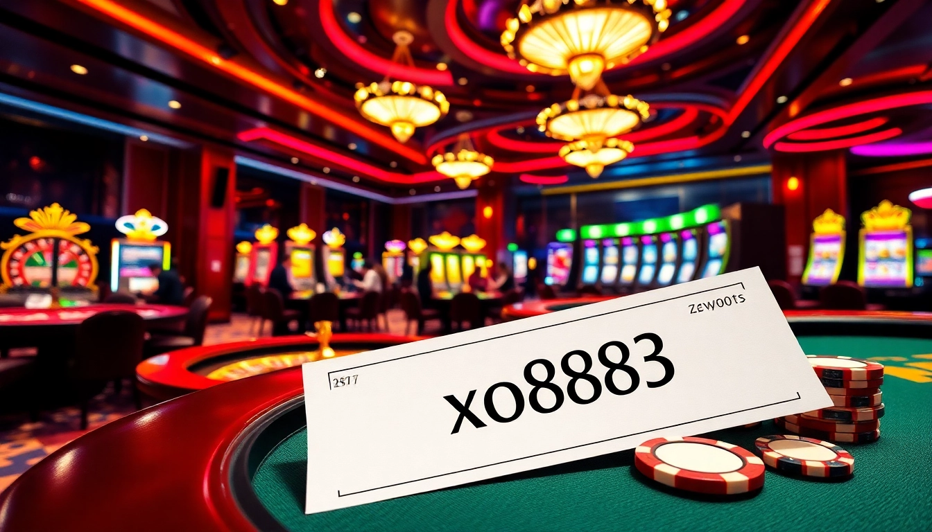 Experience an exciting casino scene with poker players and 'xo88t3' betting slips among vibrant tables.