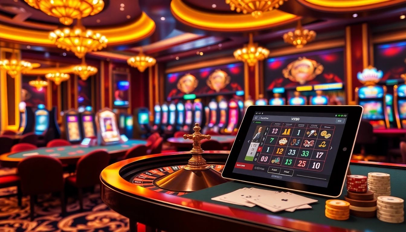 Experience the excitement of gambling at vz99, featuring vibrant casino tables, roulette wheels, and slot machines.