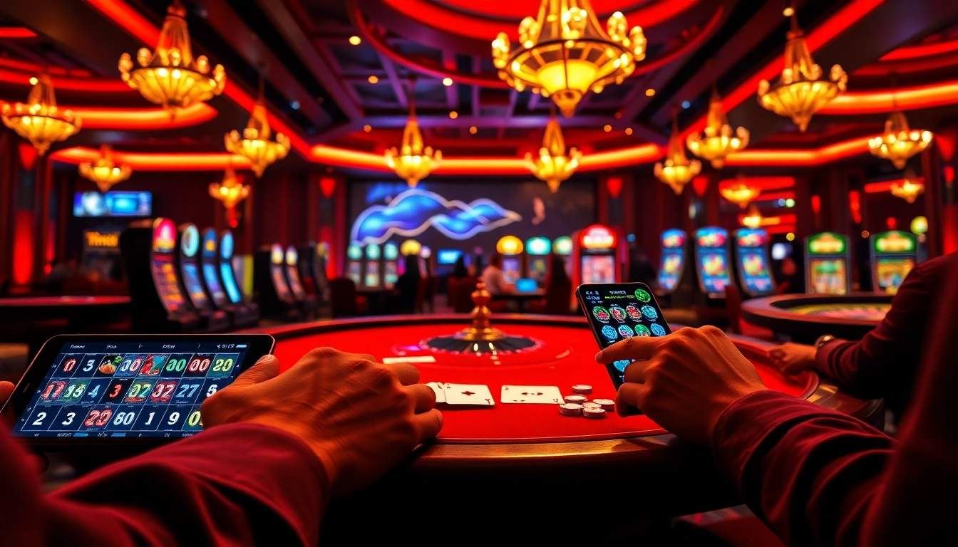 An exciting gambling scene at https://gamemanclub.wiki showcasing dynamic gameplay with poker chips, slot machines, and roulette tables.