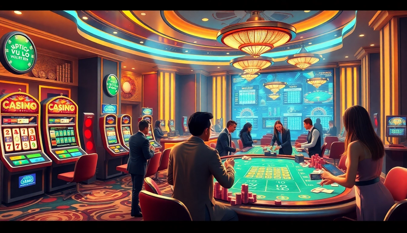 Engaging gamblers using Tool xổ số siêu tốc in an elegant casino setting with vibrant slot machines.