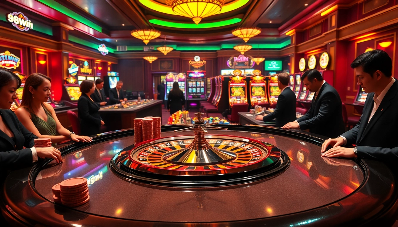 Experience the thrill of betting on 98win with lively casino games showcasing cards, chips, and roulette.