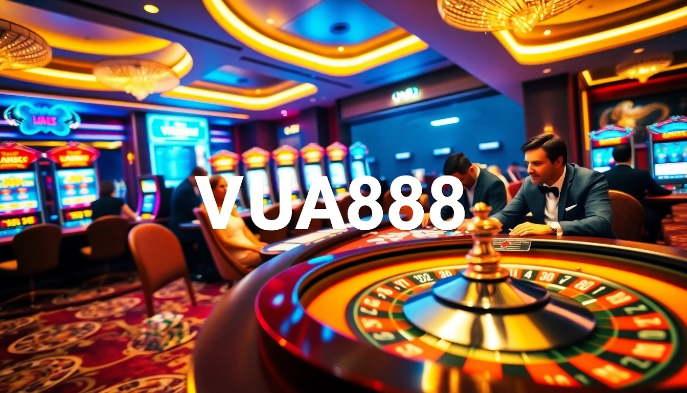 Experience the thrill of gambling at VUA88 with vibrant casino tables and excited players.