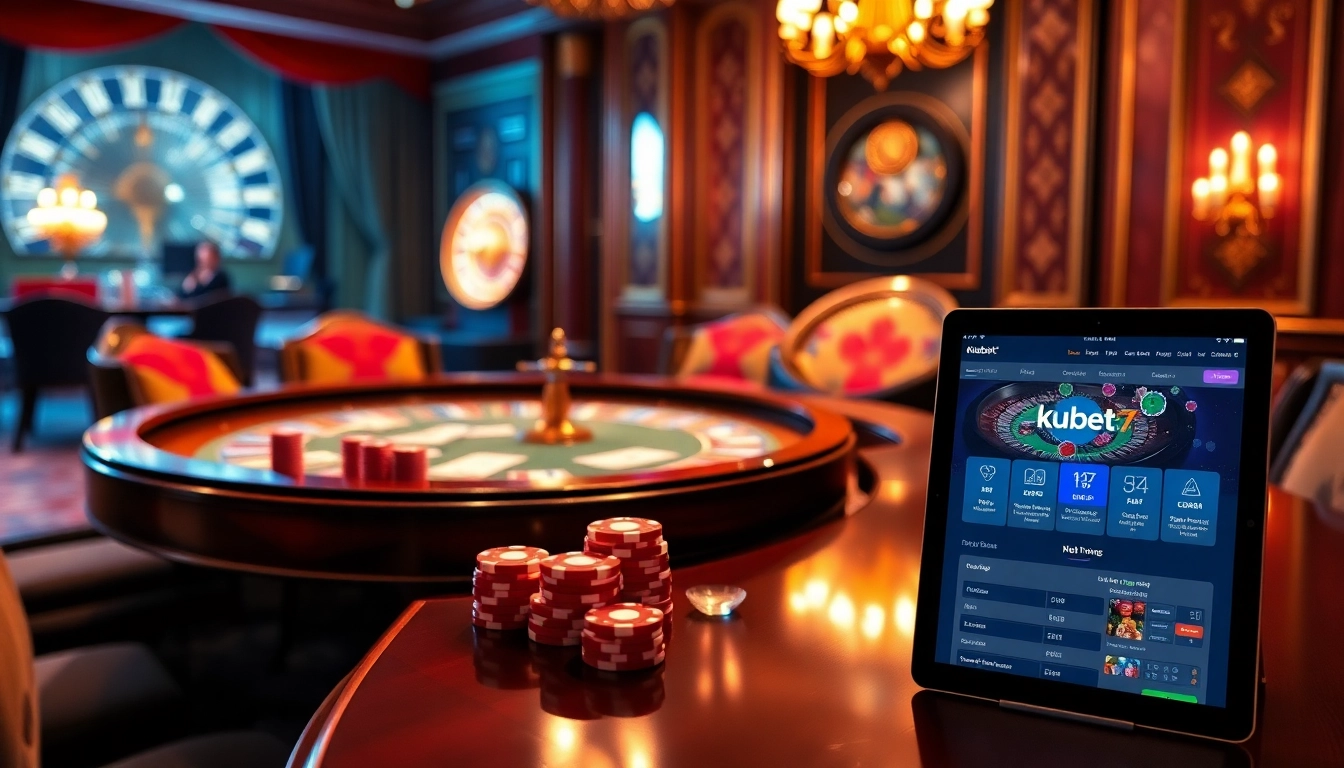 Engaging scene of a luxurious gambling table with cards and chips; featuring https://kubet77i.ink/ in online gambling.