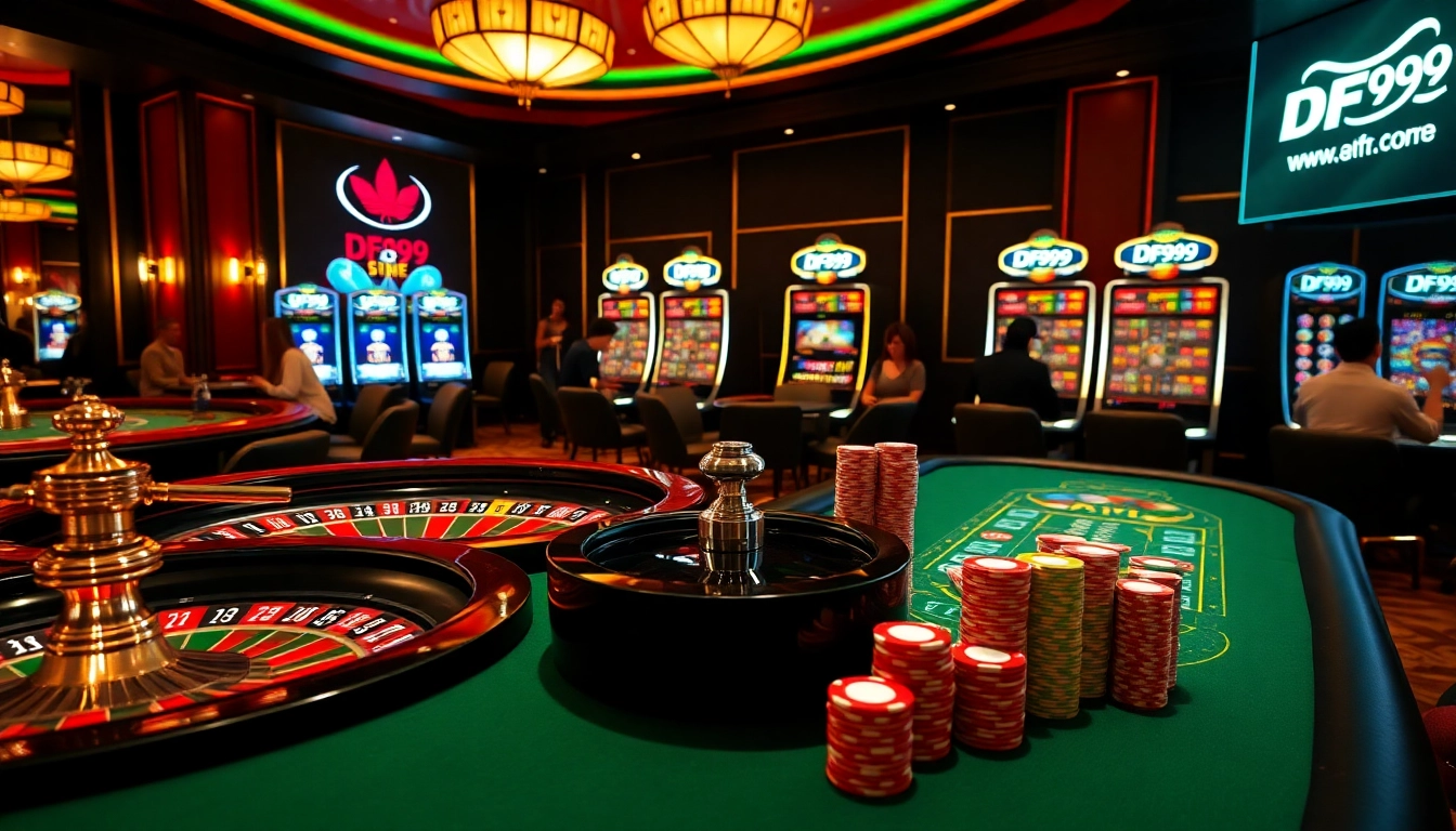 Experience thrilling gameplay at website DF999 with vibrant roulette and poker tables.