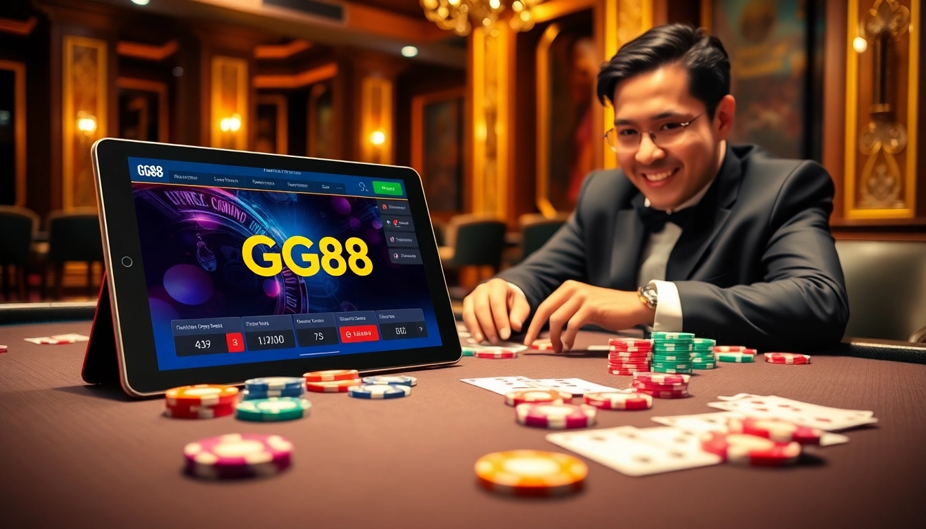 Experience the thrill of betting at GG88 with a luxurious casino scene featuring vibrant gaming elements.