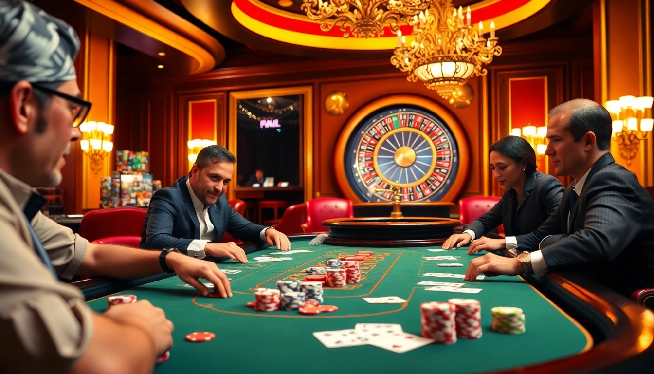 Experience the thrill at five88 with players at an exciting poker table, surrounded by vibrant casino elements.