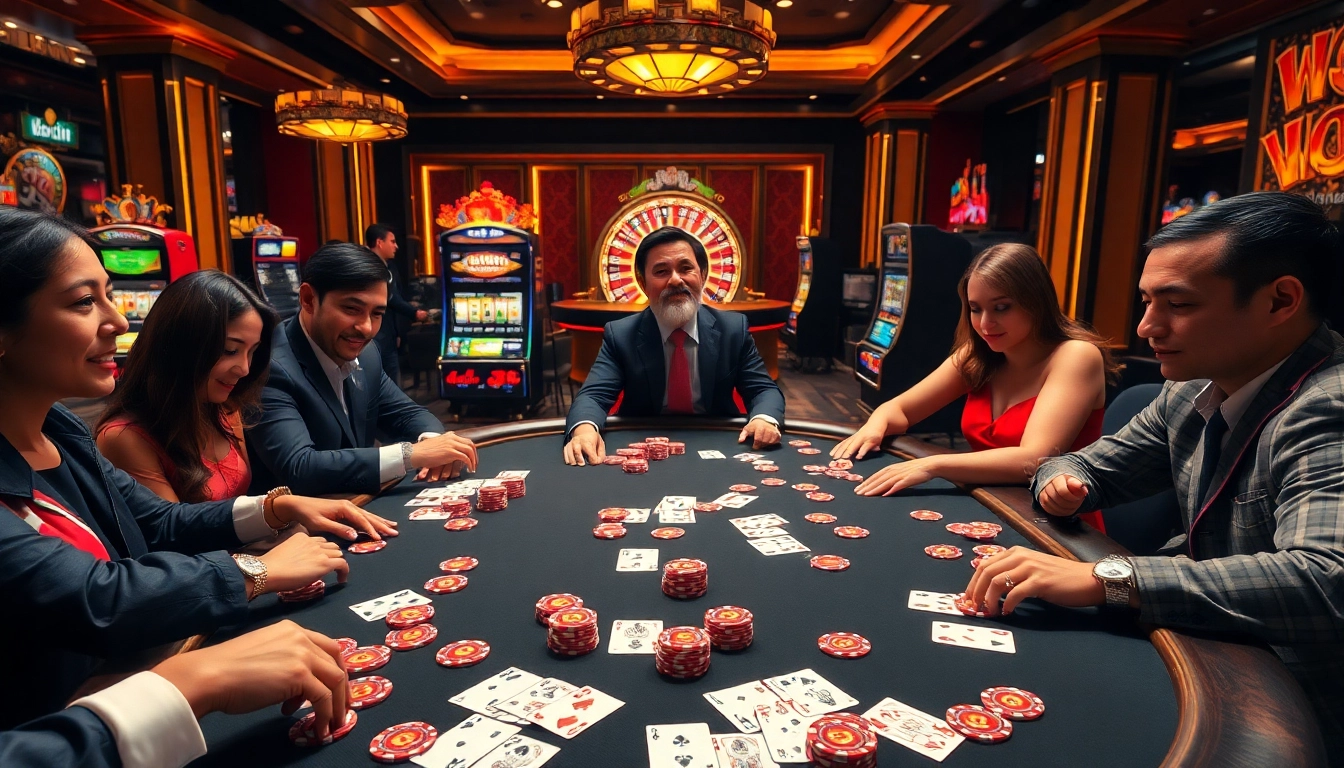 Players enjoying a high-stakes poker game at Vt88 nhà cái casino, set in a luxurious environment.